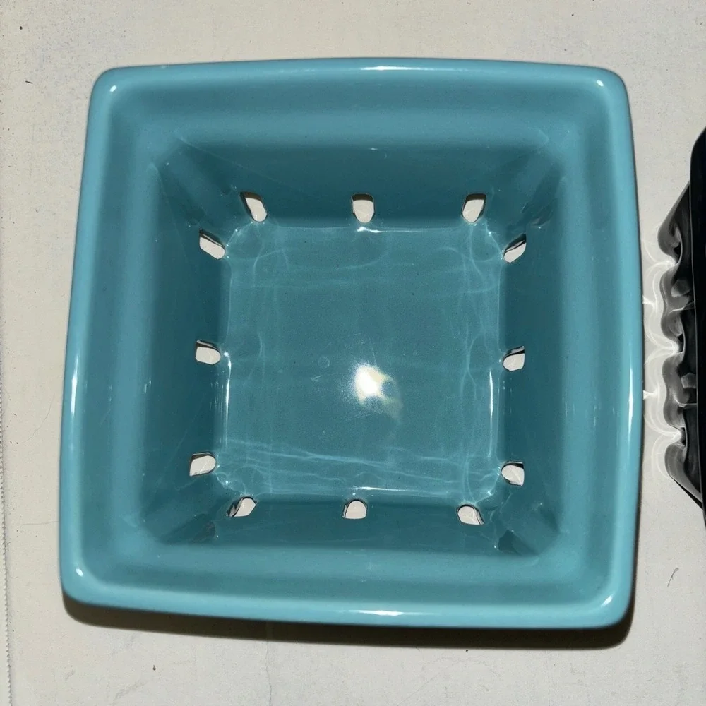 Katie Kime Ceramic Berry‎ Basket Farmhouse Fruit Strainer Lot of 2 Nesting Blue